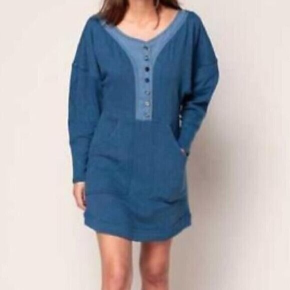 Free People Seeking Heart Blue Button Pullover Long  Sleeve Mini Dress Size XS - Picture 1 of 9